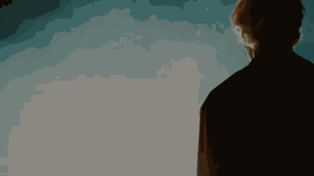a person 's back is shown in a dark room with a blue sky in the background