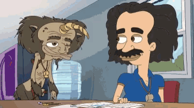 a cartoon of a man and a monster with horns
