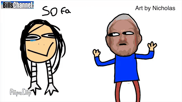 a drawing of a woman crying next to a man with a blue shirt and red pants by nicholas