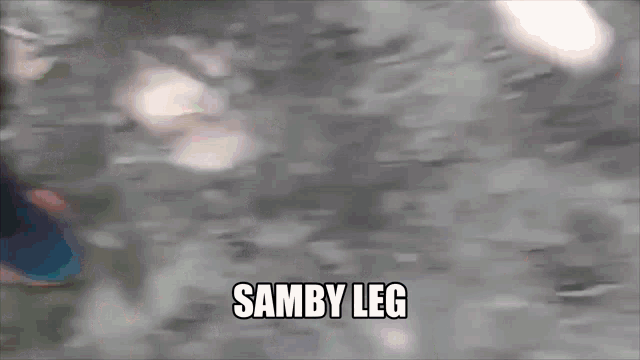 a person is standing on a snowy surface with the words samby leg written on the ground .