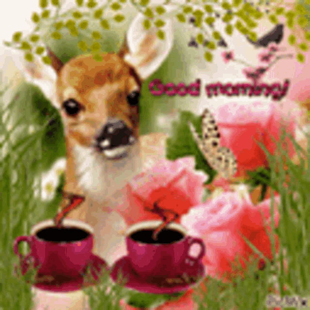 a picture of a deer holding two cups of coffee with the words good morning written on it