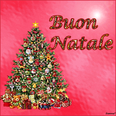 a pink background with a christmas tree and the words buon natale written on it