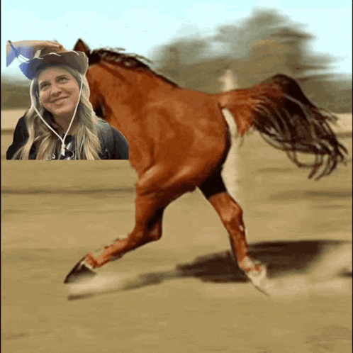 a picture of a woman wearing a cowboy hat and headphones next to a horse