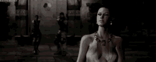 a woman in a white dress and necklace is standing in a dark room in a video game .
