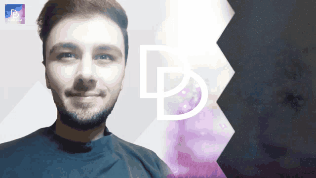 a man with a beard is smiling in front of a purple background with a letter b on it