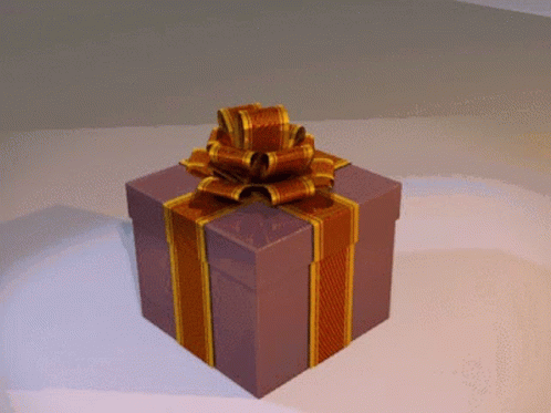 a purple gift box with a gold striped ribbon and bow