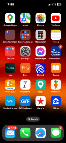 a phone screen shows the home screen with a search bar