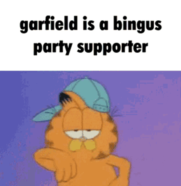garfield is wearing a blue hat and bow tie and is a party supporter .