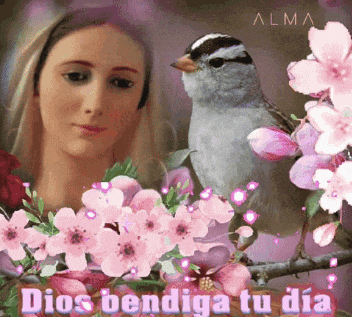 a picture of a woman with flowers and a bird with the words dios bendiga tu dia on the bottom