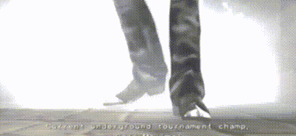 a black and white photo of a person 's feet with the words current underground tournament champ on the bottom right