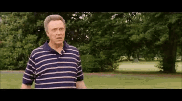 an elderly man in a striped shirt is standing in a park .
