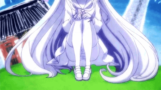 a girl with very long white hair is sitting on the grass .