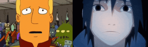a cartoon character with a sad look on his face next to a cartoon character with a serious look on his face