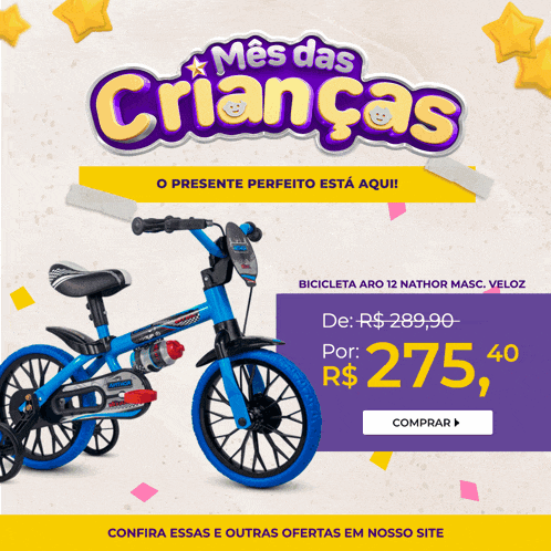 an advertisement for mes das crianças shows a bicycle