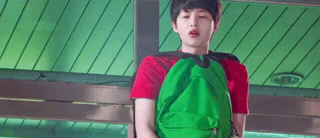 a young man wearing a red shirt and a green backpack is standing on a bench .