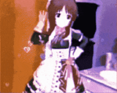 a girl in a maid outfit is standing in a bathroom