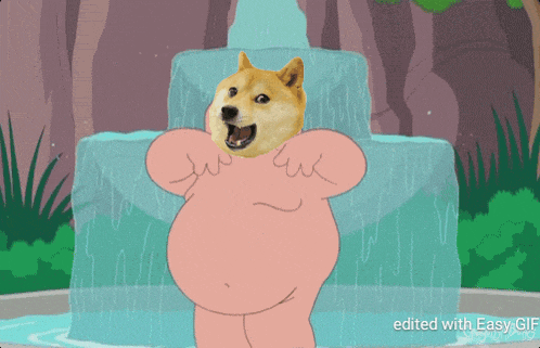 a cartoon of patrick star with a doge on his face