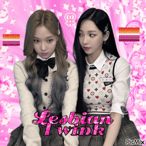 two girls standing next to each other with the words lesbian twink written in pink