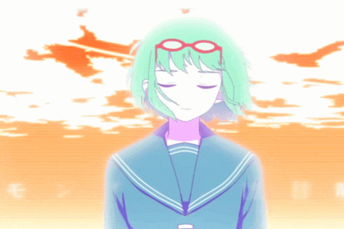 a girl with green hair and red glasses is standing in front of a sunset