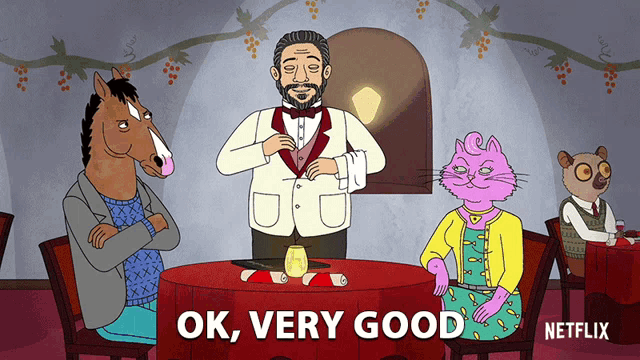 a cartoon says ok very good in a restaurant