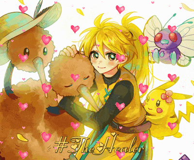 a cartoon of a girl surrounded by hearts and the words #the healer on the bottom