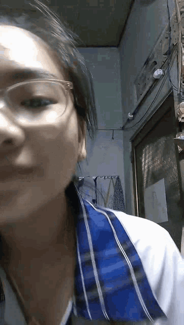 a young woman wearing glasses and a blue and white plaid shirt is looking at the camera .