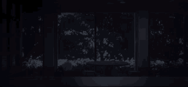 a dark room with a table and chairs in front of a window with a view of trees at night .