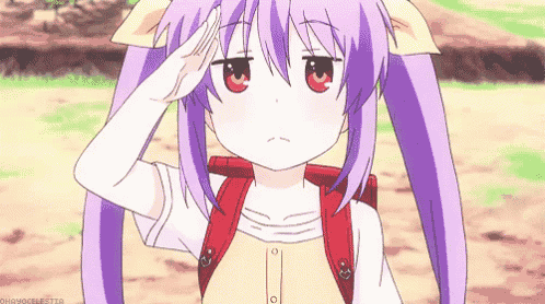 a girl with purple hair and red eyes salutes
