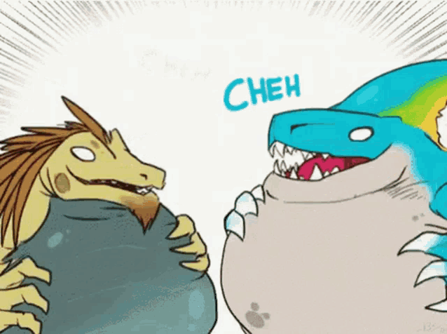 a cartoon of two dragons with cheh written in blue