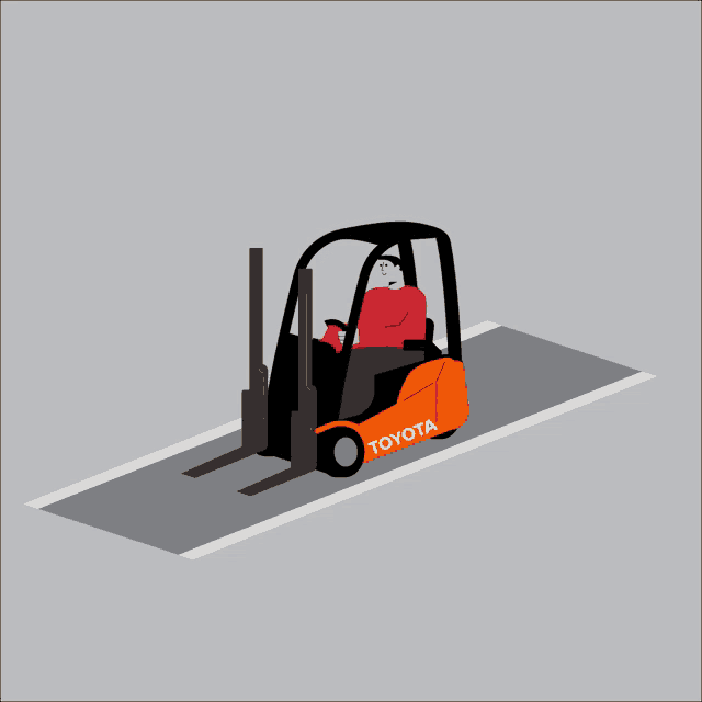 a man is driving a toyota forklift on a road