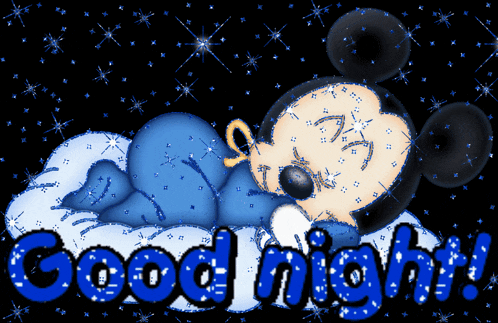 a mickey mouse sleeping on a pillow with the words good night written below him
