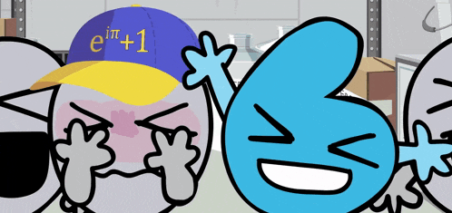 a group of cartoon characters with one wearing a hat that says e +1