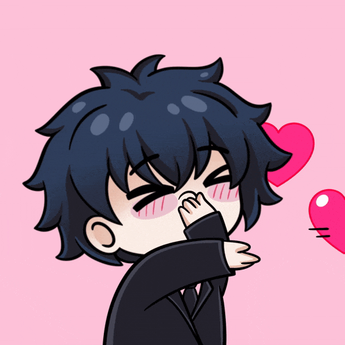 a cartoon of a boy blowing a kiss with pink hearts around his face