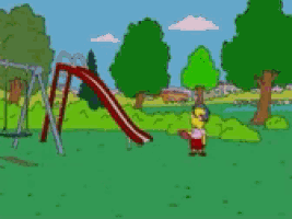 a cartoon character in a park with a slide and swings