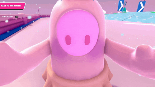 a video game character with a pink face and the words back to the finish on the bottom right