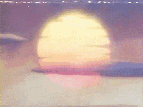 a painting of a sunset with a large yellow sun in the middle