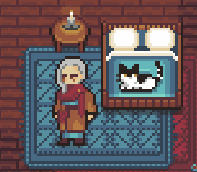a pixel art drawing of a woman standing next to a bed with a cat on it