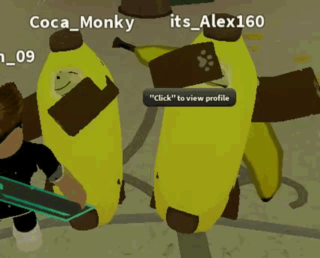 two bananas are standing next to each other in a video game and a person is holding a sword .