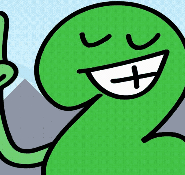 a green cartoon character is smiling with a white cross in his mouth