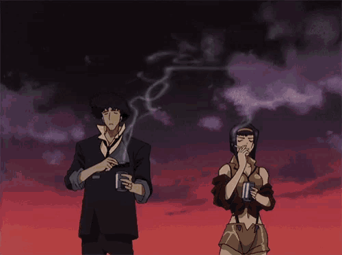 a man smoking a cigarette and a woman smoking a cigarette with smoke coming out of their mouths