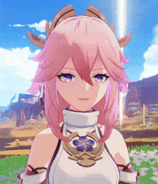 a girl with pink hair and blue eyes is wearing a white shirt