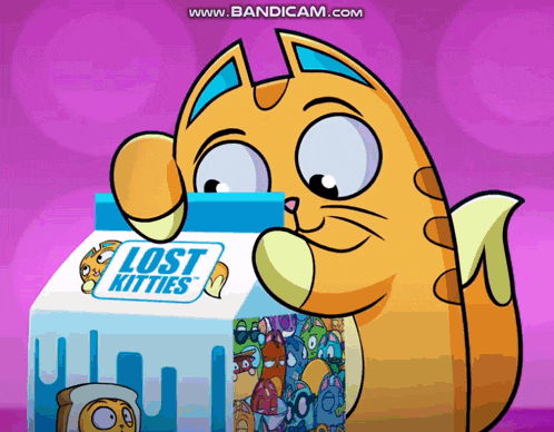 a cartoon cat is holding a box of lost kitties milk