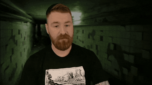 a man with a beard is wearing a black shirt that says makes perfect sense to me