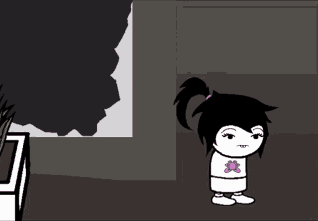 a black and white cartoon of a girl with a butterfly on her shirt