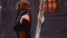 a woman in a black dress is standing in front of a window in a dark room holding a bloody sword .