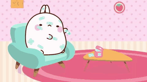 a cartoon rabbit is sitting in a chair in a room with a table .