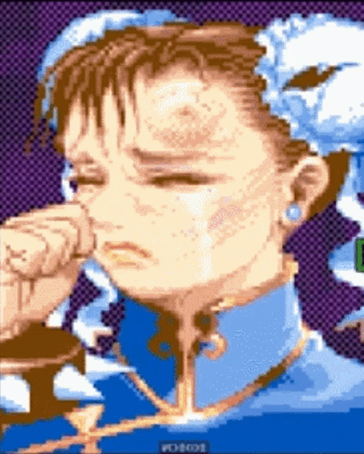 a pixel art drawing of chun li crying