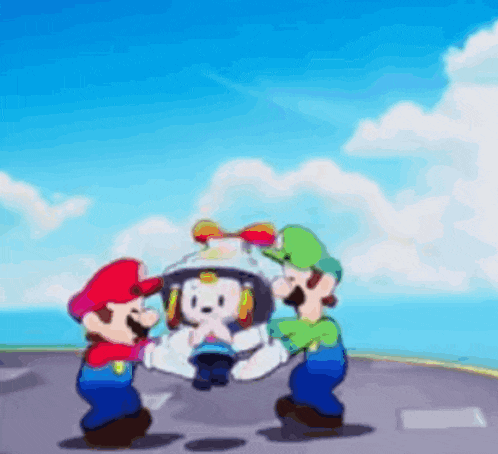 two cartoon characters , mario and luigi , are carrying a toy on a runway .