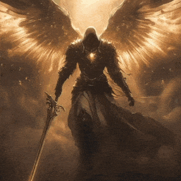 a man with wings is holding a sword in his right hand