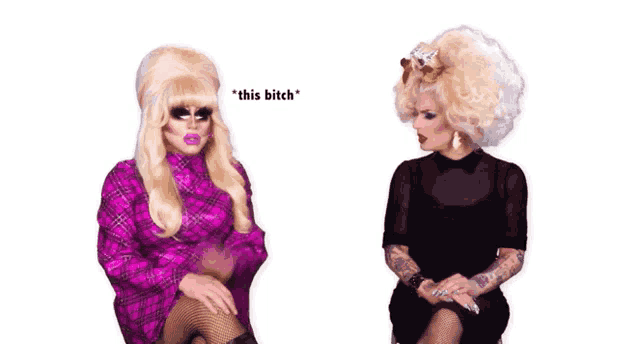 two drag queens are sitting next to each other and one has a tattoo on her arm that says " i love you "